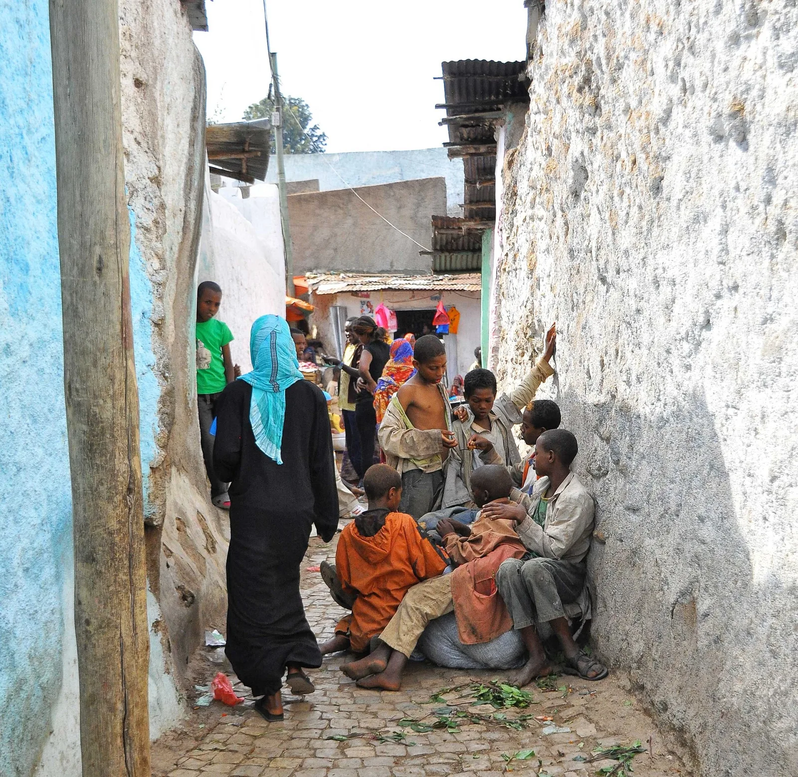 A cobblestone alley in Harar Jugol between historic stone walls